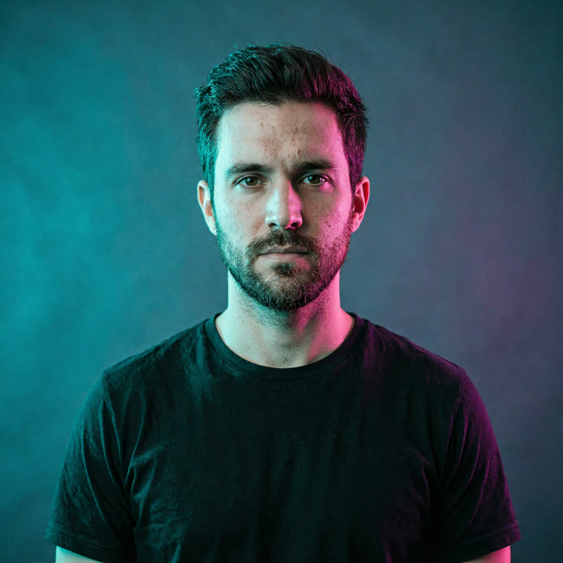 AI photoshoot: creative portrait lit with colour gels